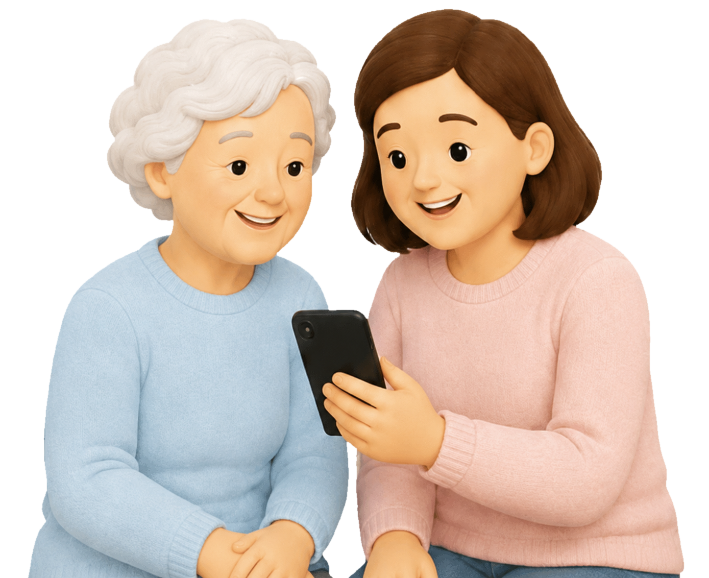 An older woman and a supporter looking at a phone together.